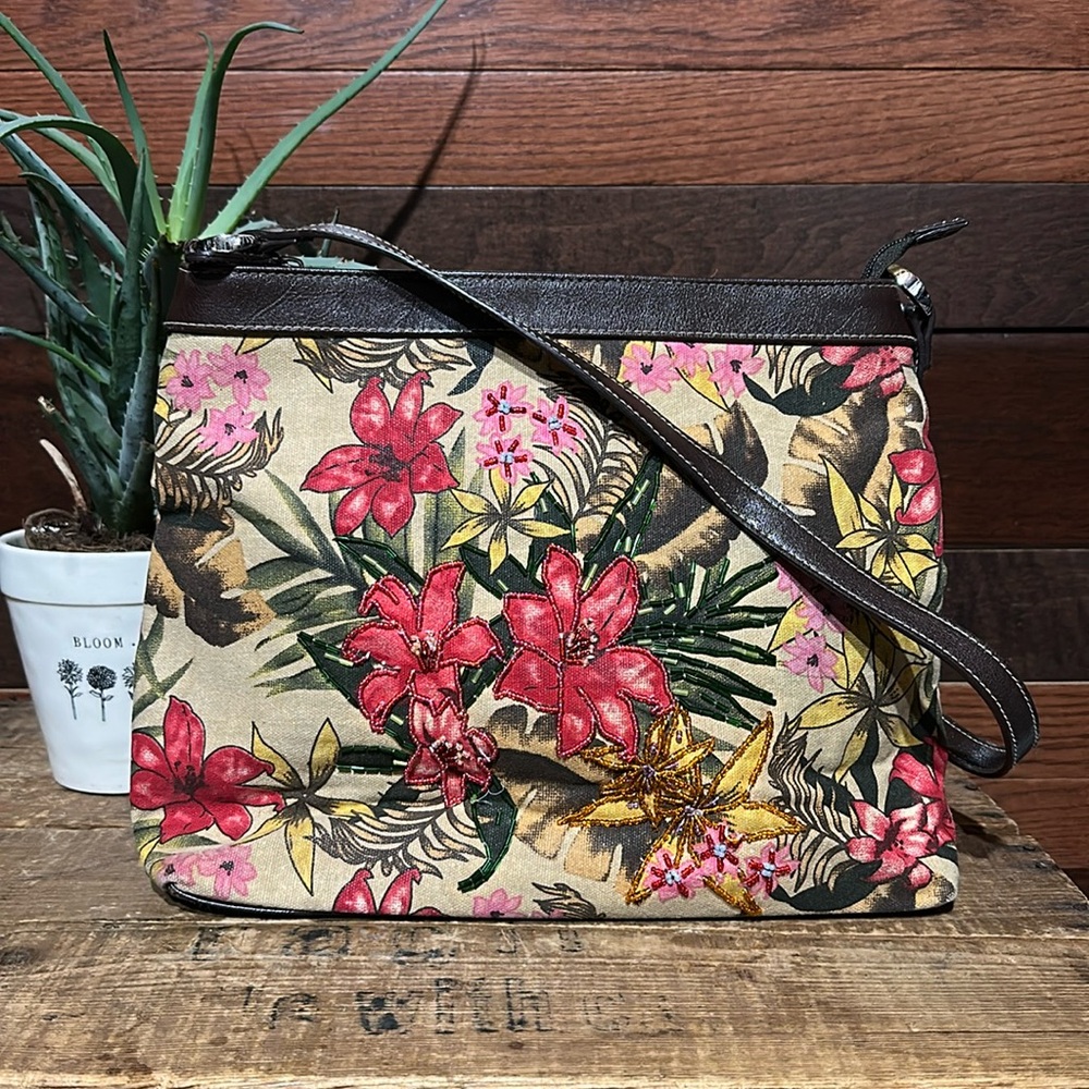 EGO Medium size Tan and Red Tropical Floral Embellished Bag